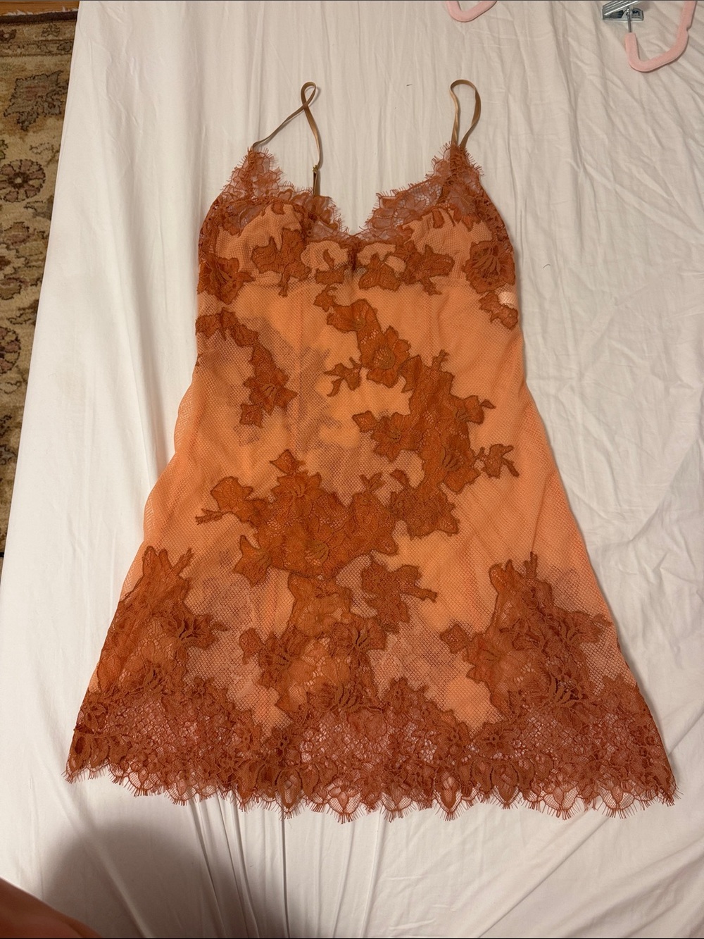 Rust Lace Chemise Slip with Floral Appliqué